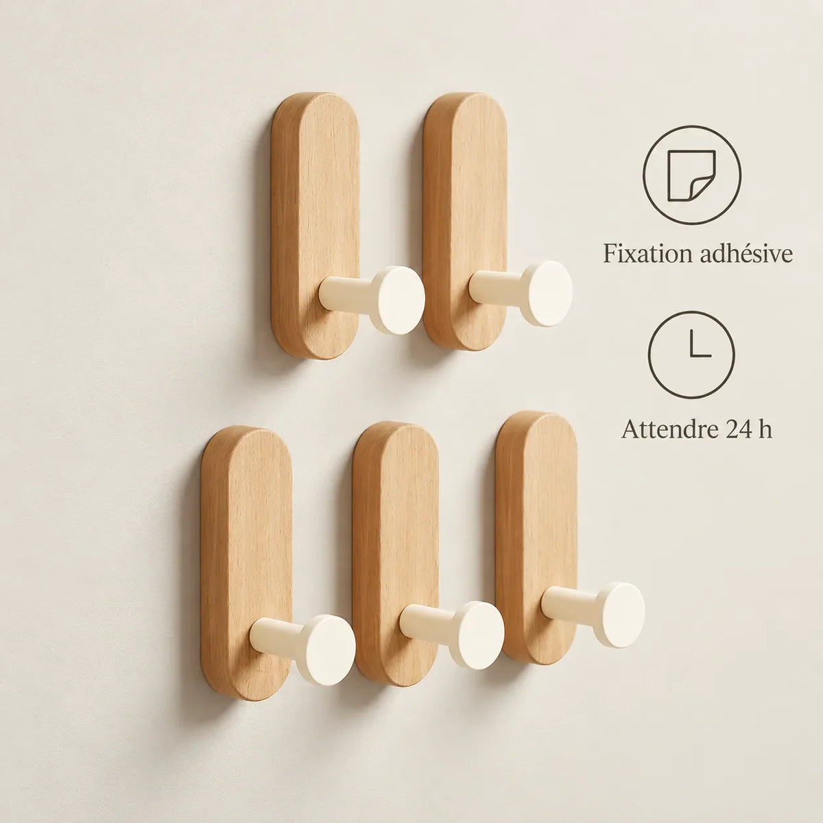 Patère bois adhésive bois clair et crème, lot de 5 : fixation adhésive et attente de 24 heures