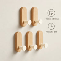 Patère bois adhésive bois clair et crème, lot de 5 : fixation adhésive et attente de 24 heures