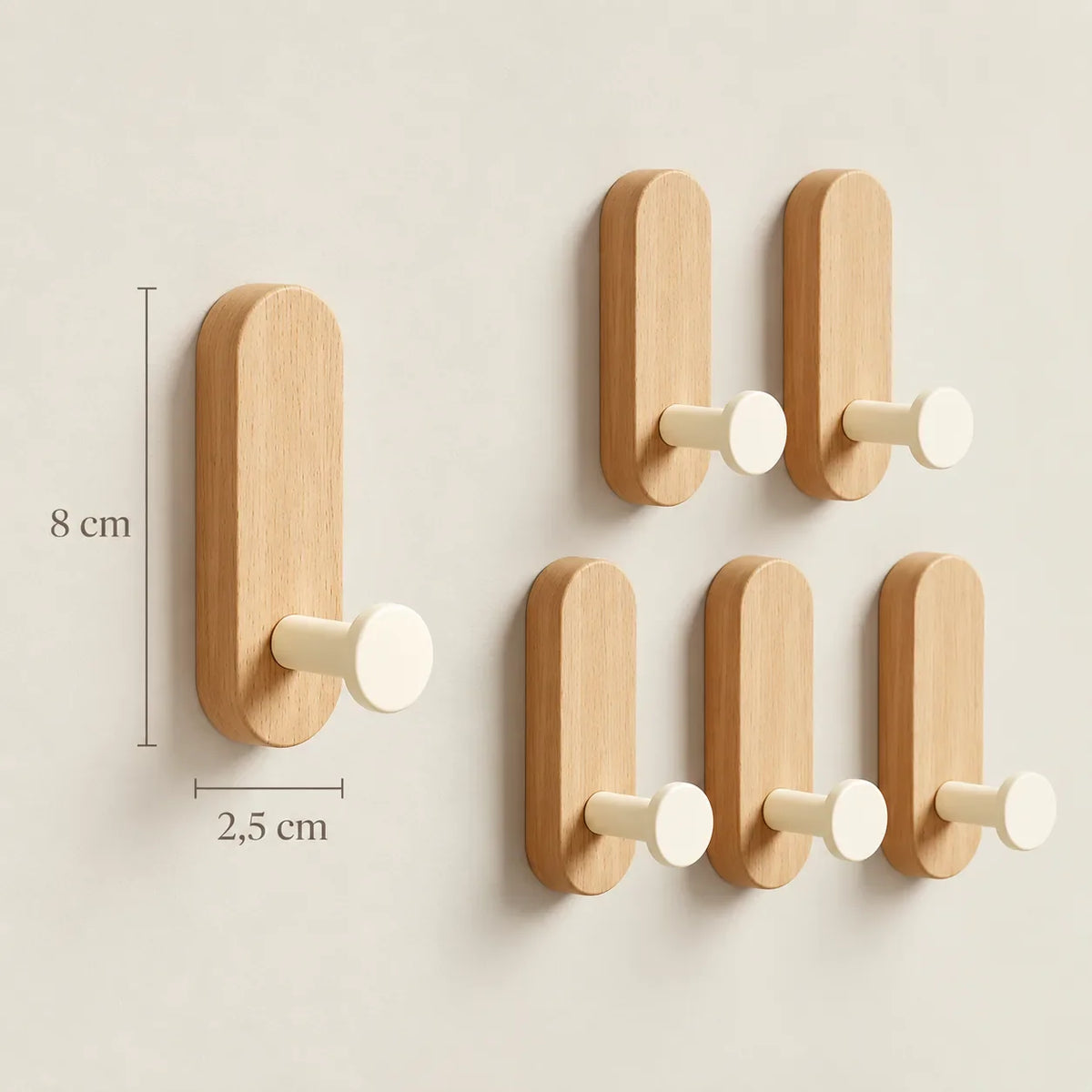 Patère bois adhésive bois clair et crème, lot de 5 : dimensions du panneau 8 × 2,5 cm