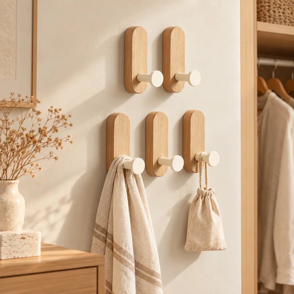 Patère bois adhésive bois clair et crème, lot de 5 : mise en situation près d’un rangement
