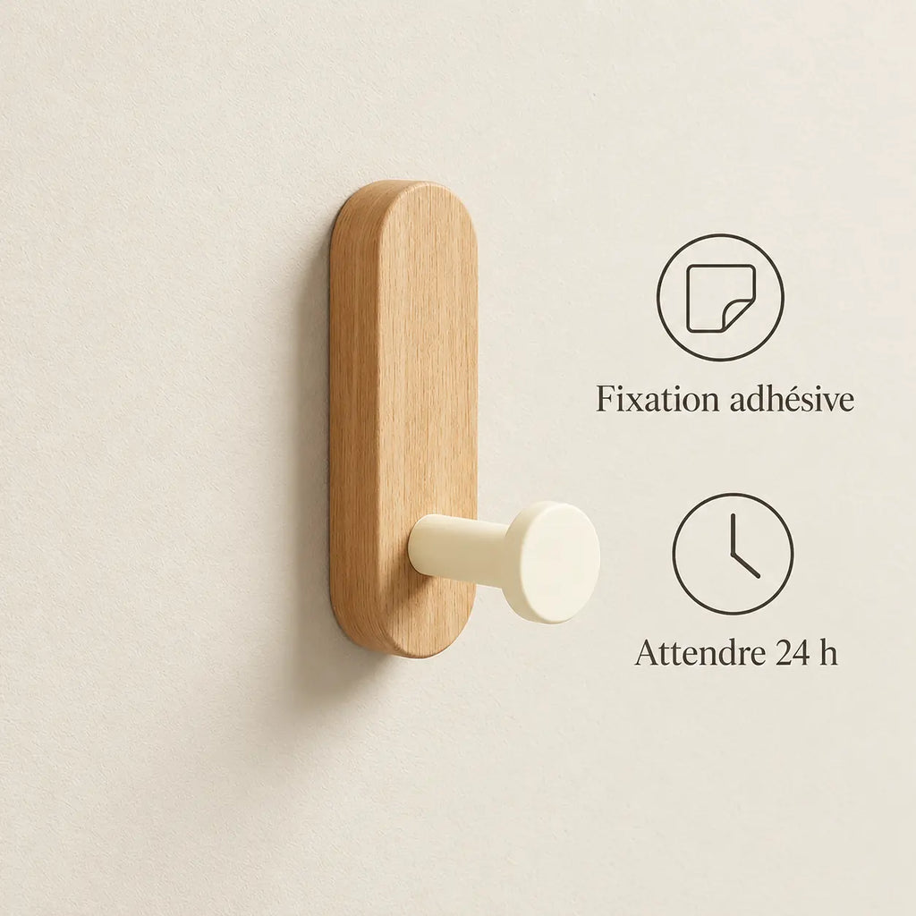 Patère bois adhésive bois clair et crème, à l’unité : fixation adhésive et attente de 24 heures