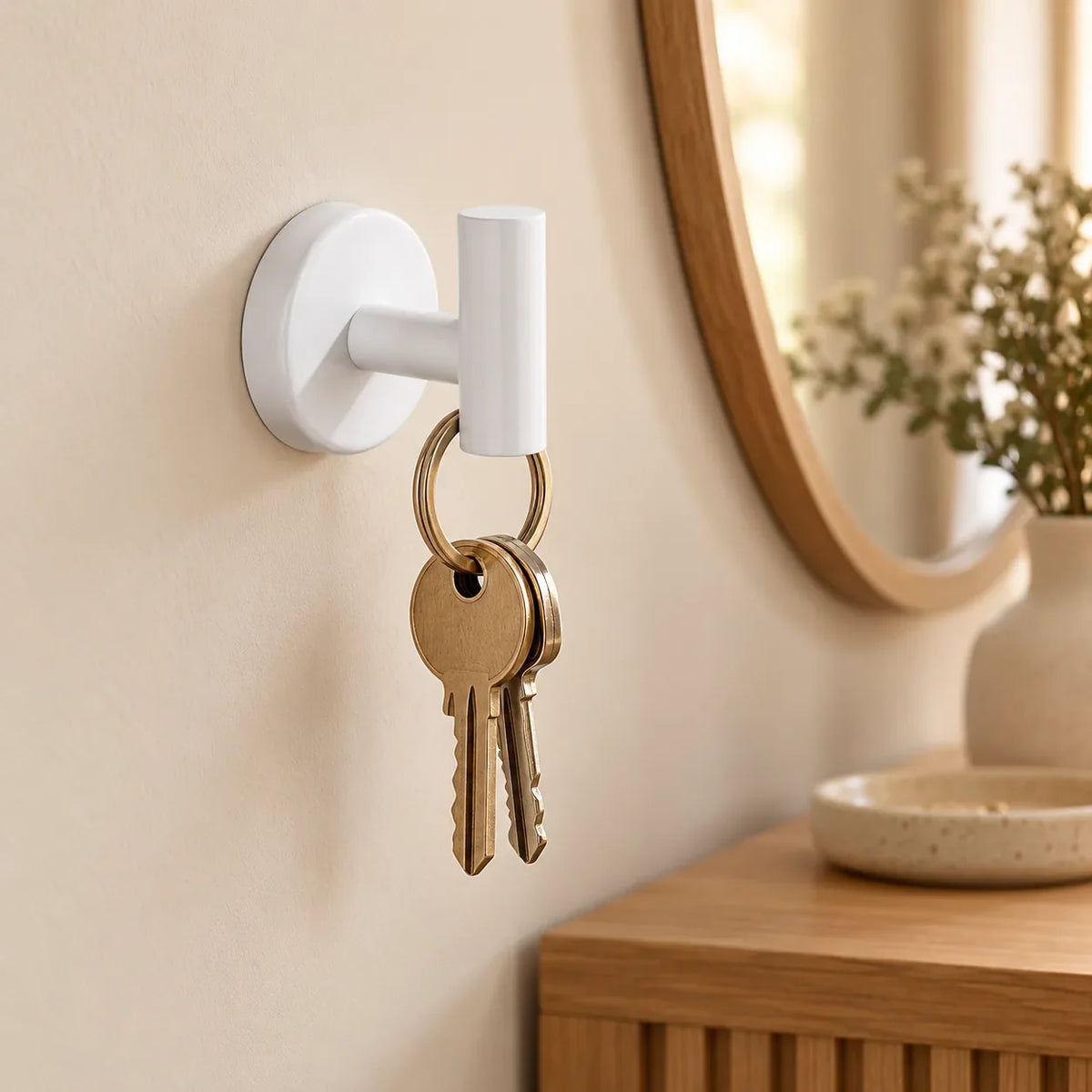 Patère design blanche en inox à vis : clés dans une entrée Image