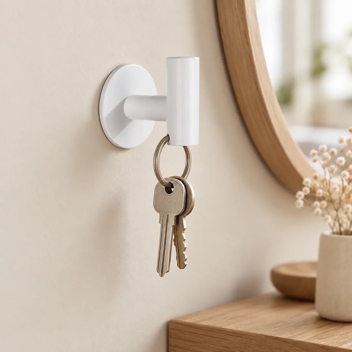 Patère design blanche en inox adhésive : clés dans une entrée