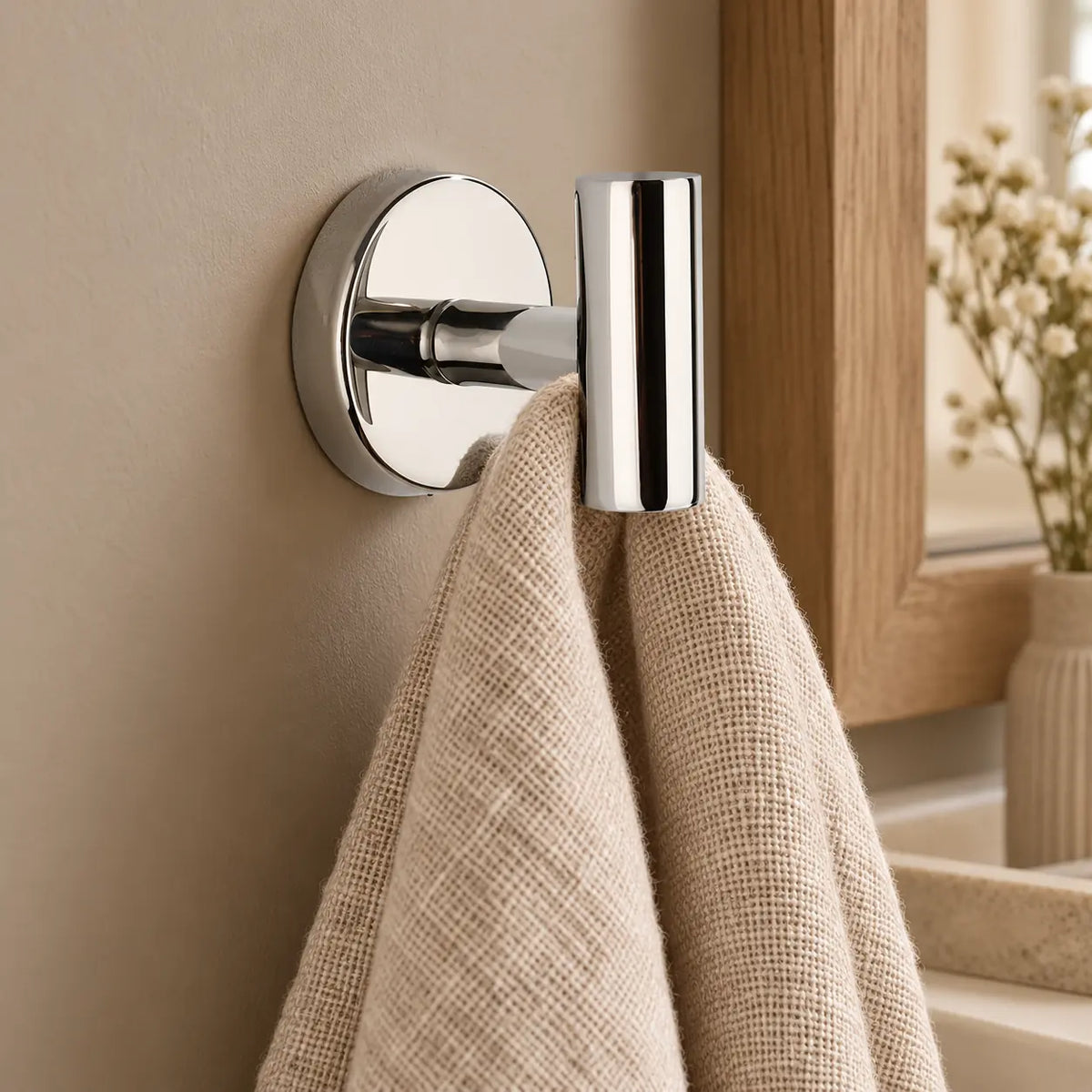 Patère design chrome brillant en inox à vis : petite serviette suspendue