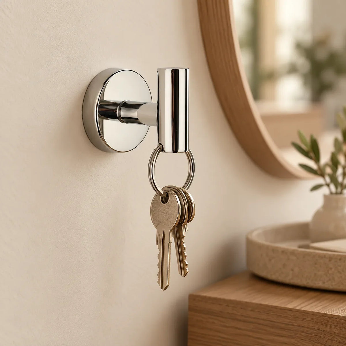 Patère design chrome brillant en inox à vis : clés dans une entrée