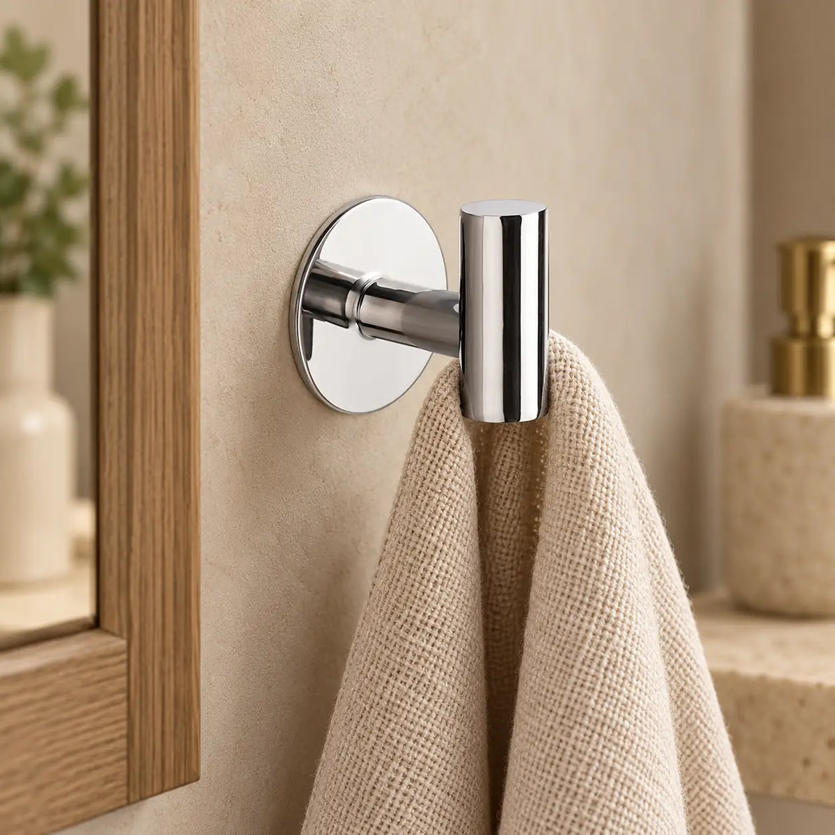 Patère design chrome brillant en inox adhésive : petite serviette suspendue
