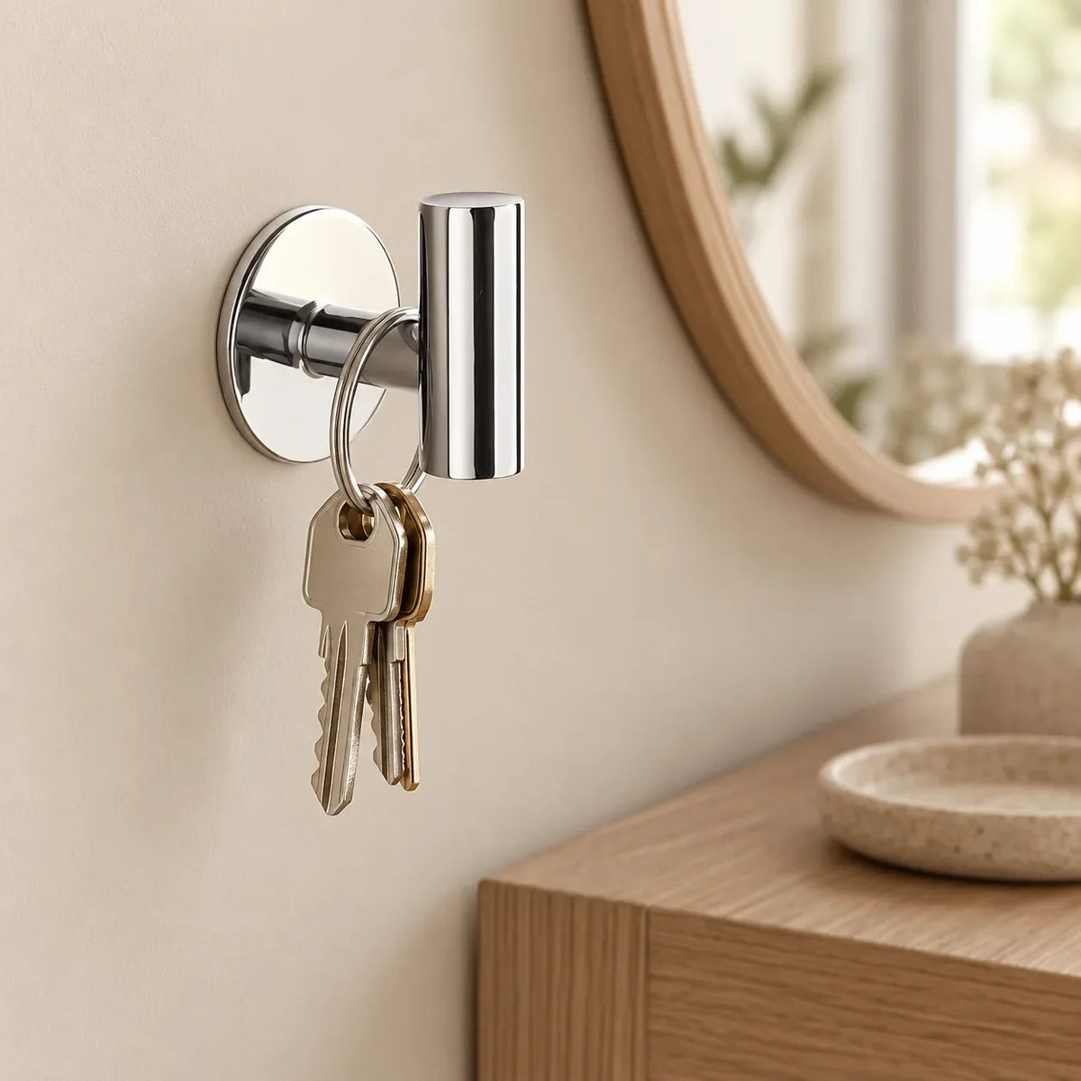 Patère design chrome brillant en inox adhésive : clés dans une entrée Image