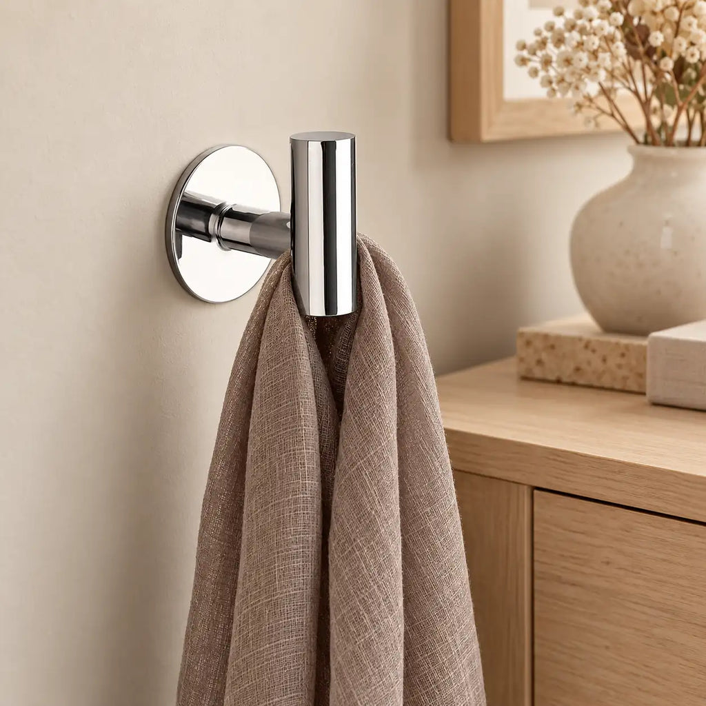 Patère design chrome brillant en inox adhésive : écharpe près d’un meuble