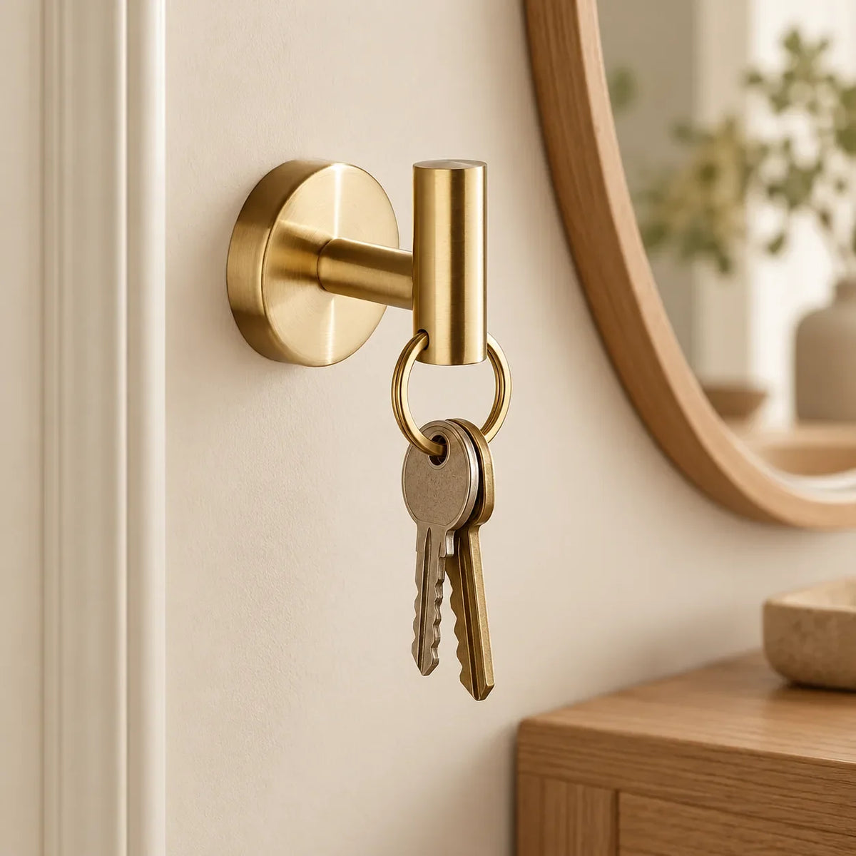 Patère design dorée en inox à vis : clés dans une entrée