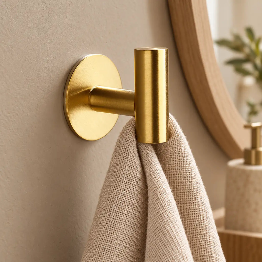 Patère design dorée en inox adhésive : petite serviette suspendue