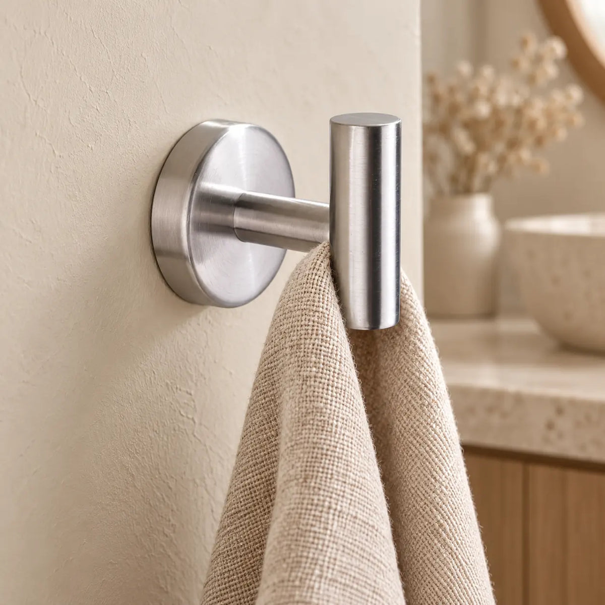 Patère design inox brossé en inox à vis : petite serviette suspendue