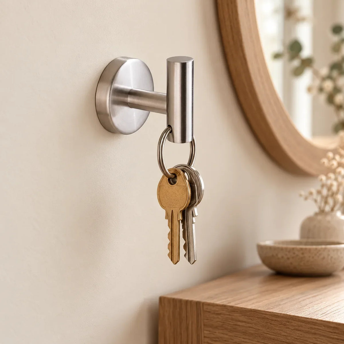 Patère design inox brossé en inox à vis : clés dans une entrée