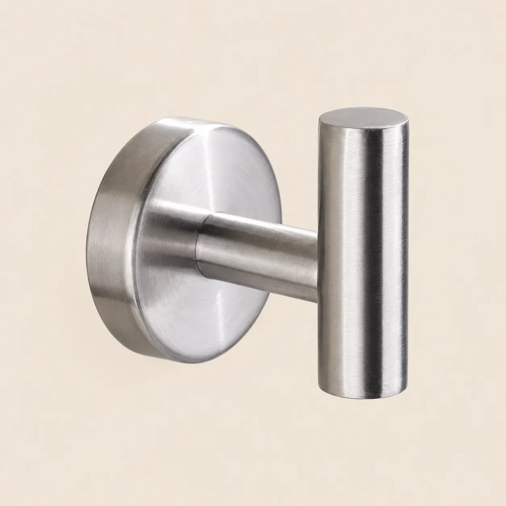Patère design inox brossé en inox à vis : forme du crochet en T
