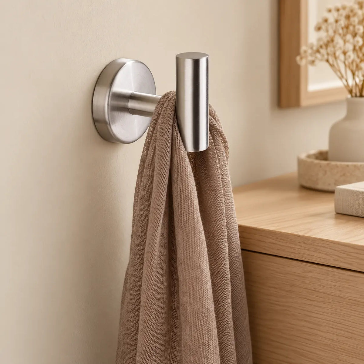 Patère design inox brossé en inox à vis : écharpe près d’un meuble