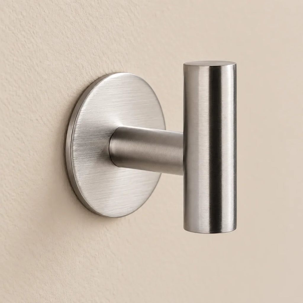 Patère design inox brossé en inox adhésive : détail de la base ronde fixée au mur