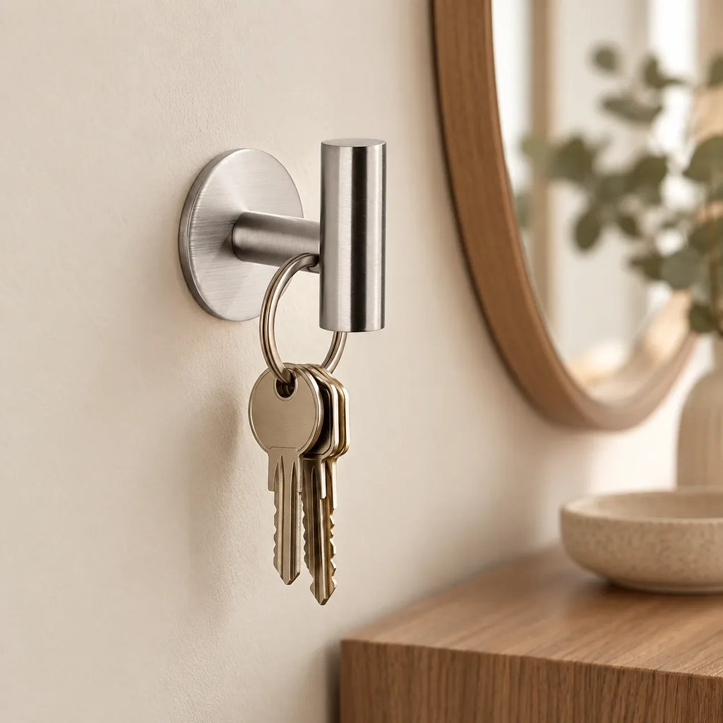 Patère design inox brossé en inox adhésive : clés dans une entrée