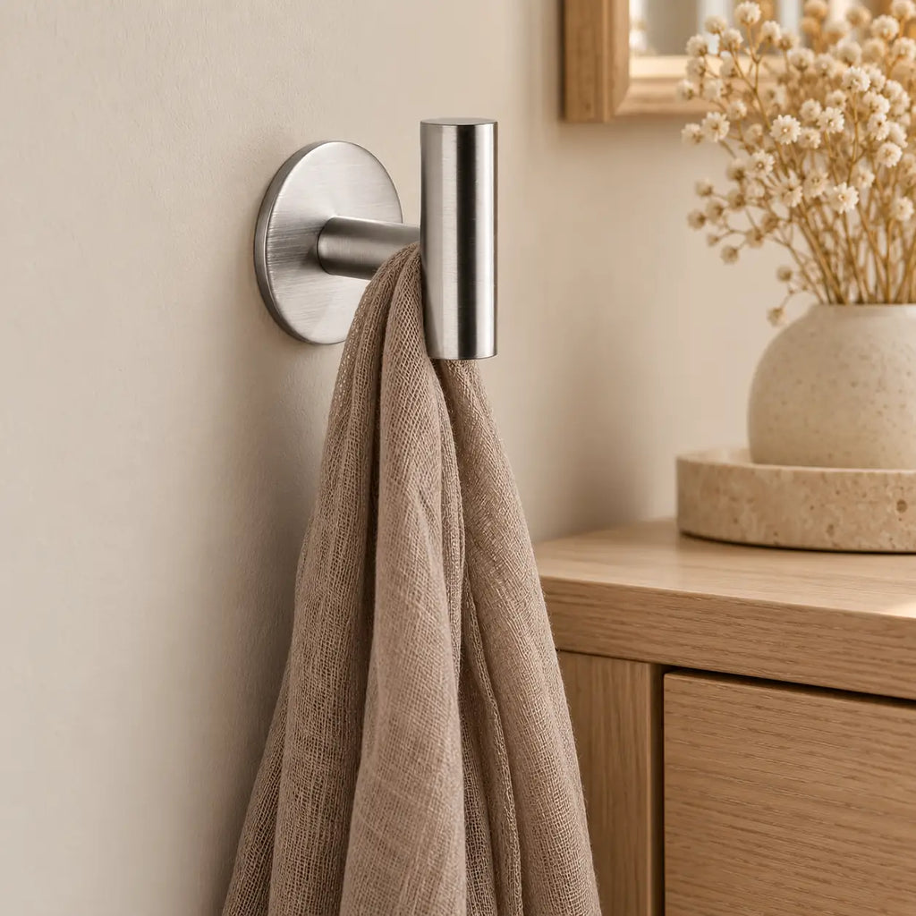 Patère design inox brossé en inox adhésive : écharpe près d’un meuble