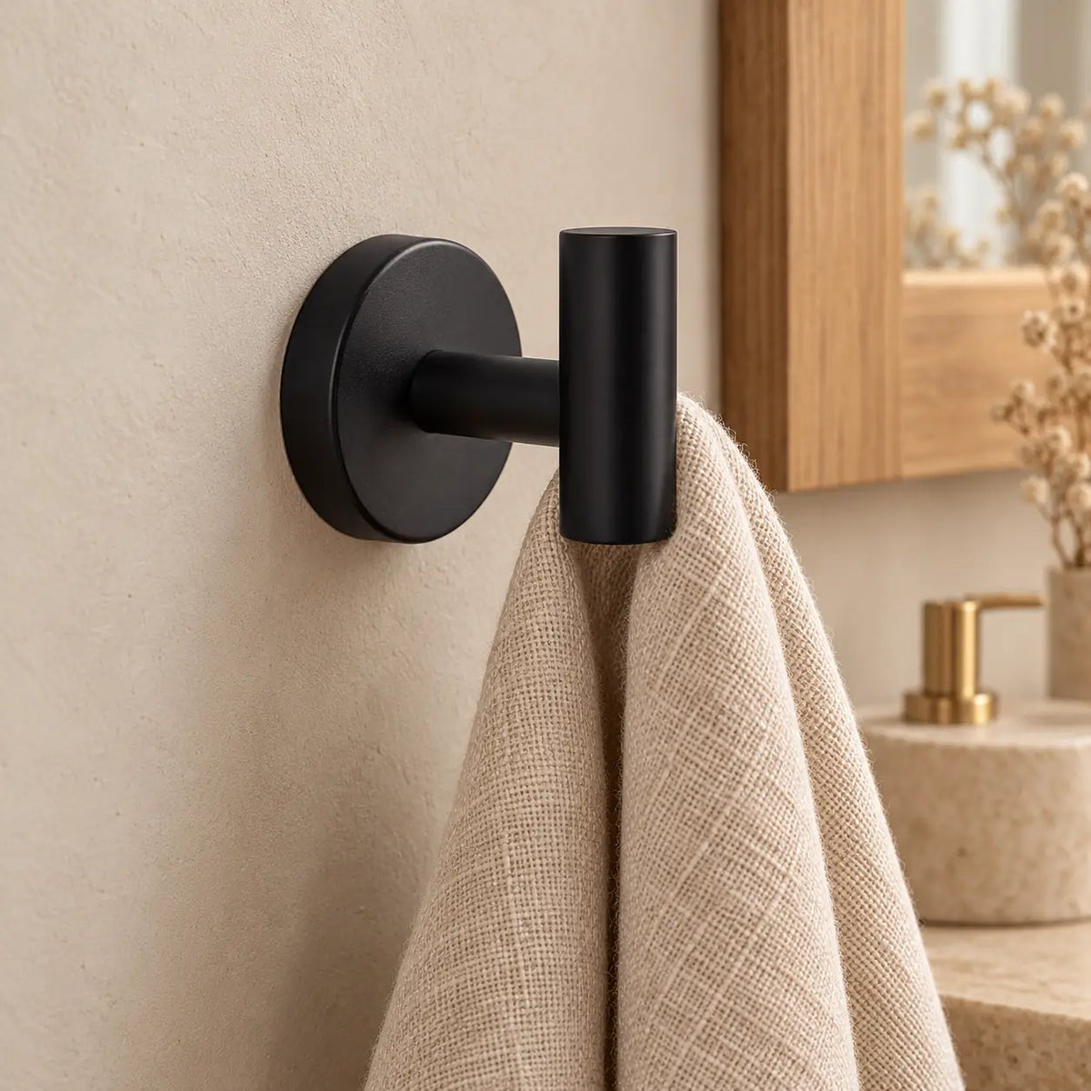 Patère design noire en inox à vis : petite serviette suspendue