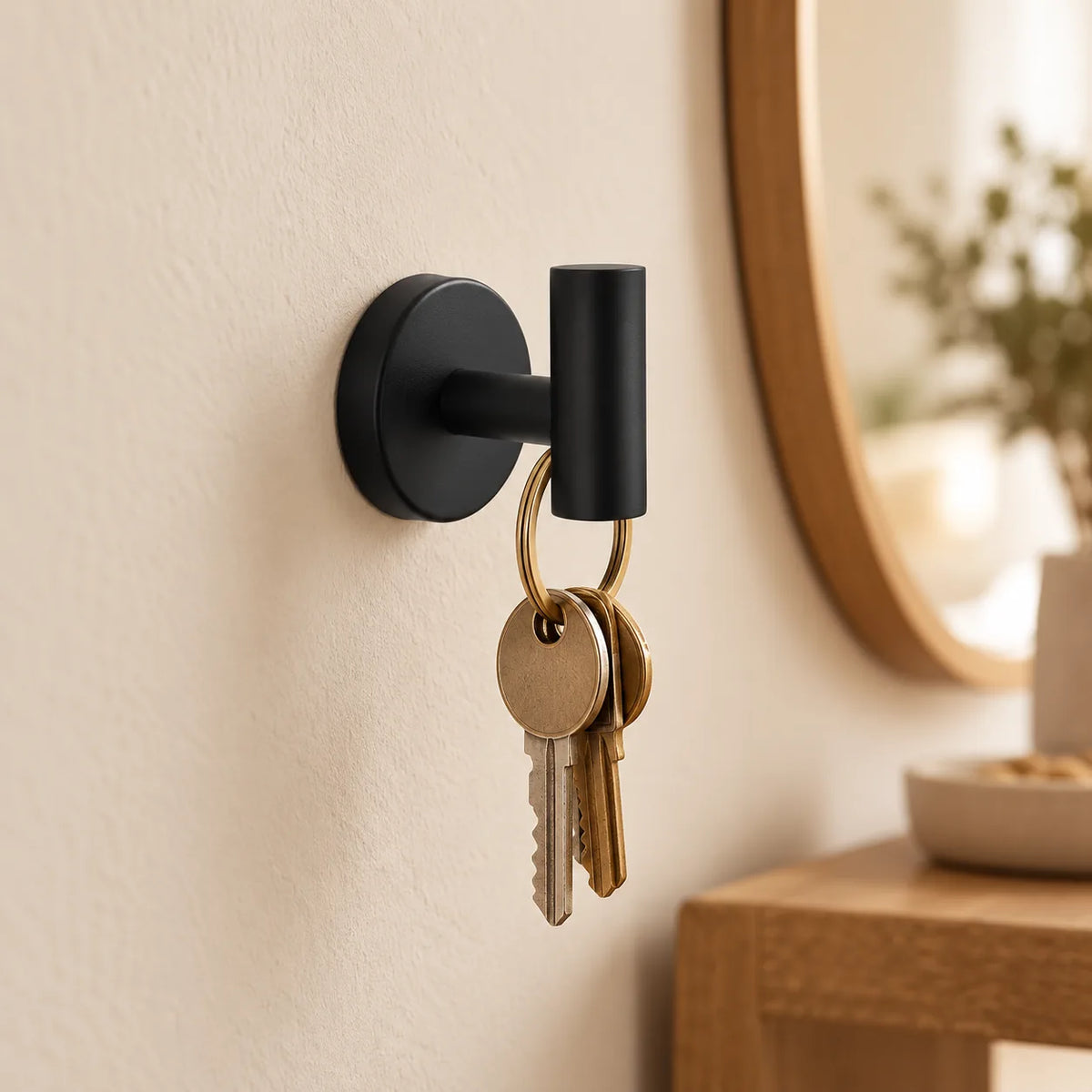 Patère design noire en inox à vis : clés dans une entrée Image