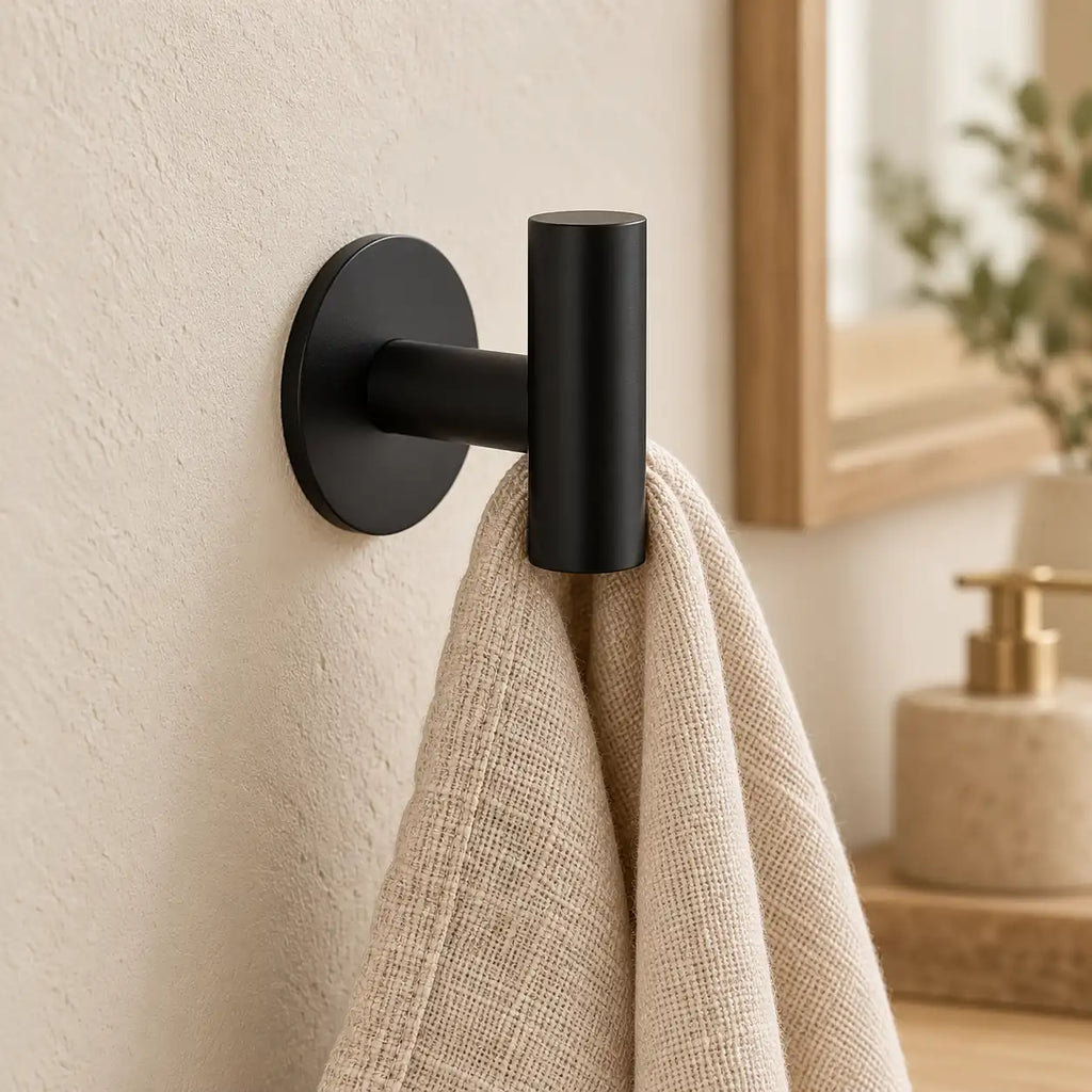Patère design noire en inox adhésive : petite serviette suspendue