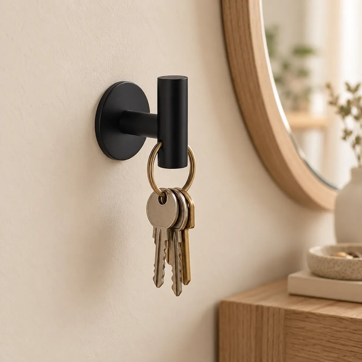 Patère design noire en inox adhésive : clés dans une entrée