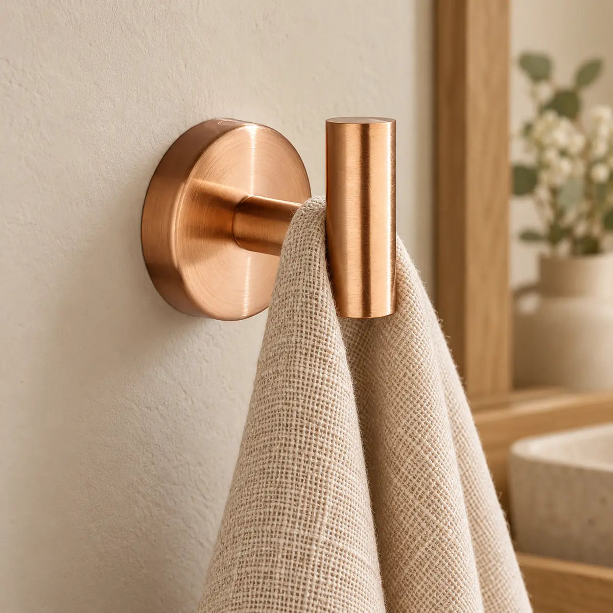 Patère design or rose en inox à vis : petite serviette suspendue
