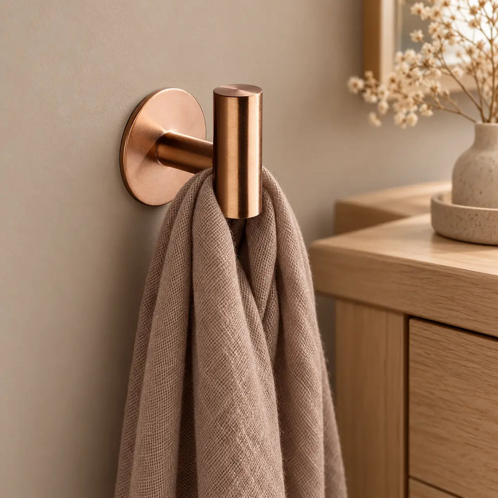 Patère design or rose en inox adhésive : écharpe près d’un meuble