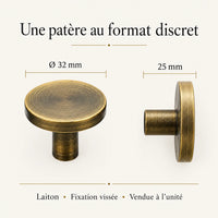 Patère laiton bronze vieilli ronde 32 mm : infographie des dimensions et de la fixation