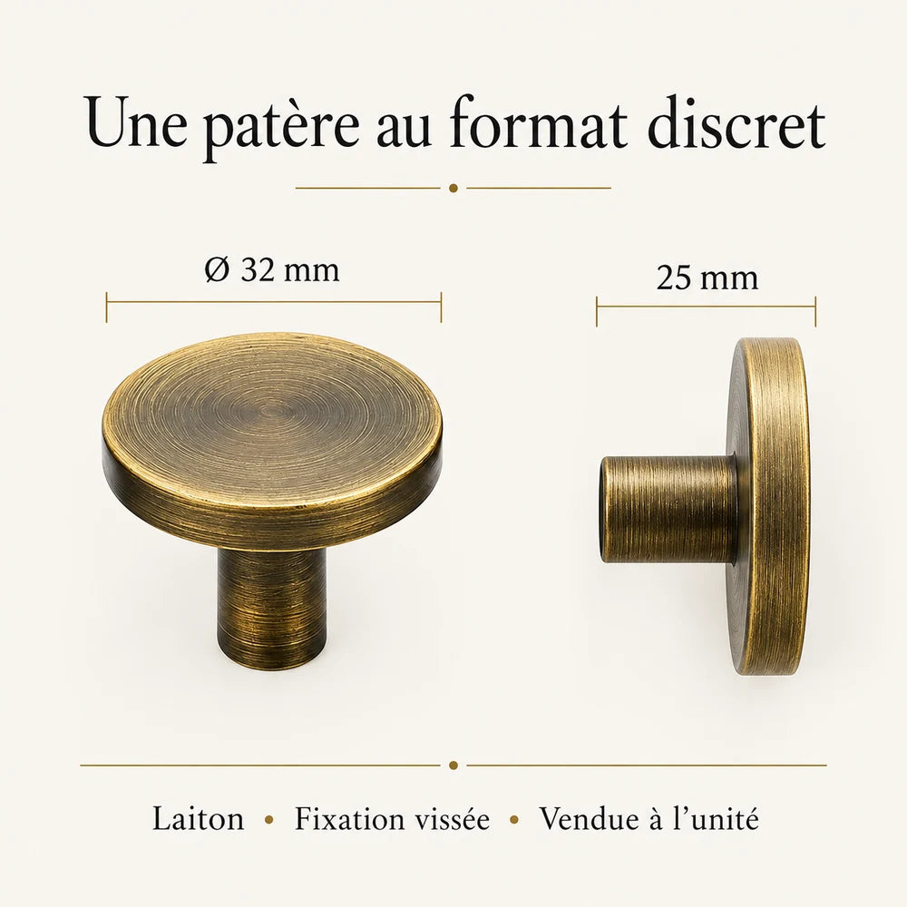 Patère laiton bronze vieilli ronde 32 mm : infographie des dimensions et de la fixation