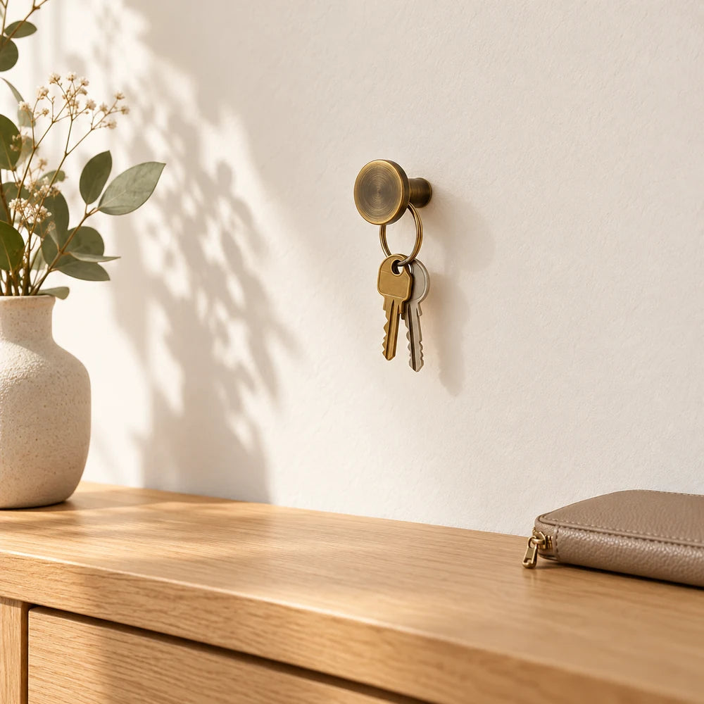 Patère laiton bronze vieilli ronde 32 mm : illustration avec rangement