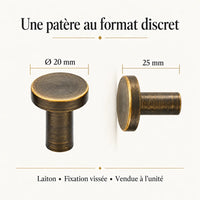 Patère laiton bronze vieilli ronde 20 mm : infographie des dimensions et de la fixation