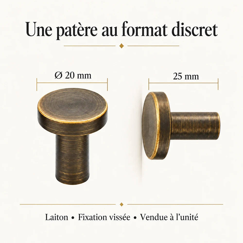 Patère laiton bronze vieilli ronde 20 mm : infographie des dimensions et de la fixation