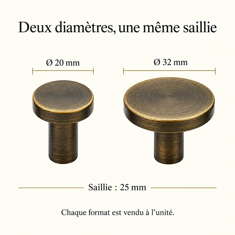 Patère laiton bronze vieilli ronde 20 mm : comparaison des diamètres 20 et 32 mm