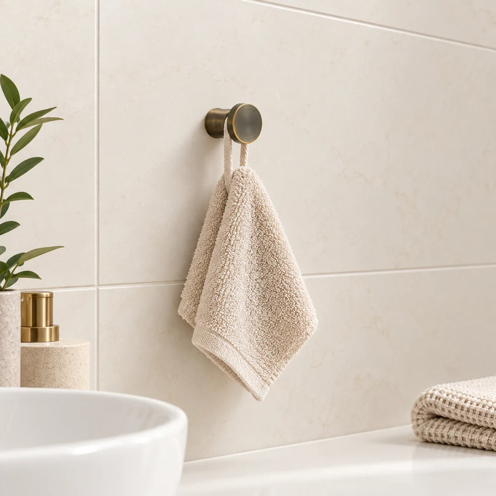 Patère laiton bronze vieilli ronde 20 mm : illustration avec un gant de toilette