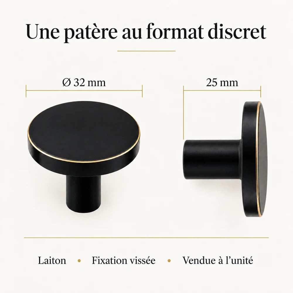 Patère laiton noir et liseré doré ronde 32 mm : infographie des dimensions et de la fixation