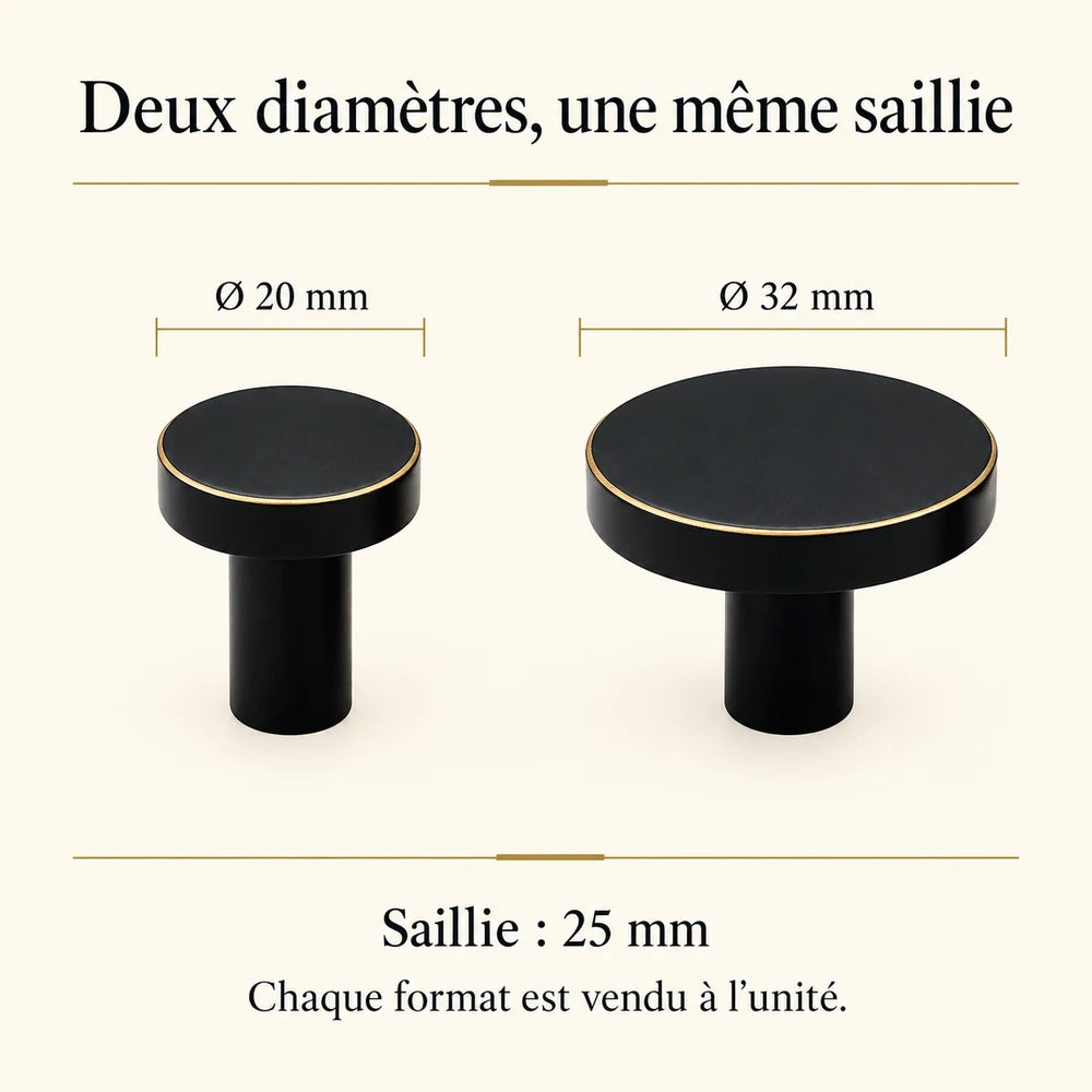 Patère laiton noir et liseré doré ronde 32 mm : comparaison des diamètres 20 et 32 mm