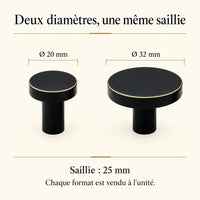 Patère laiton noir et liseré doré ronde 32 mm : comparaison des diamètres 20 et 32 mm