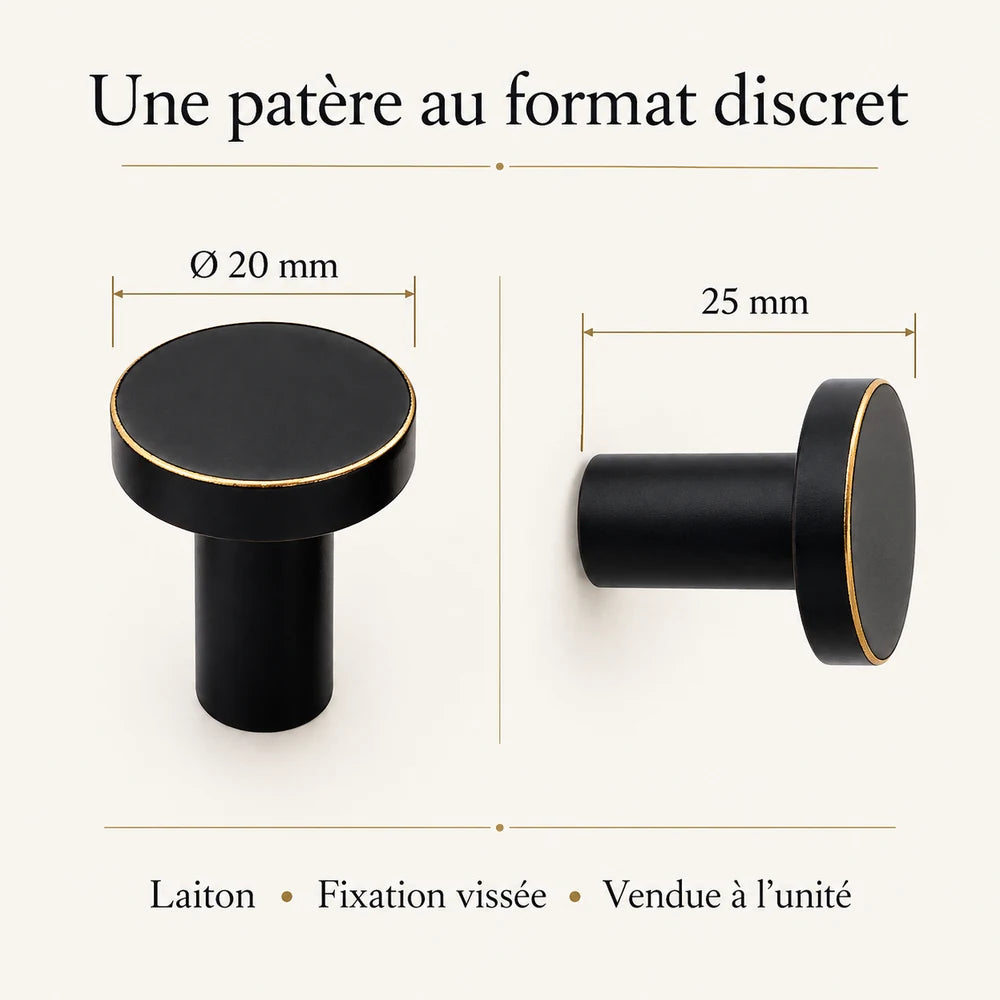 Patère laiton noir et liseré doré ronde 20 mm : infographie des dimensions et de la fixation