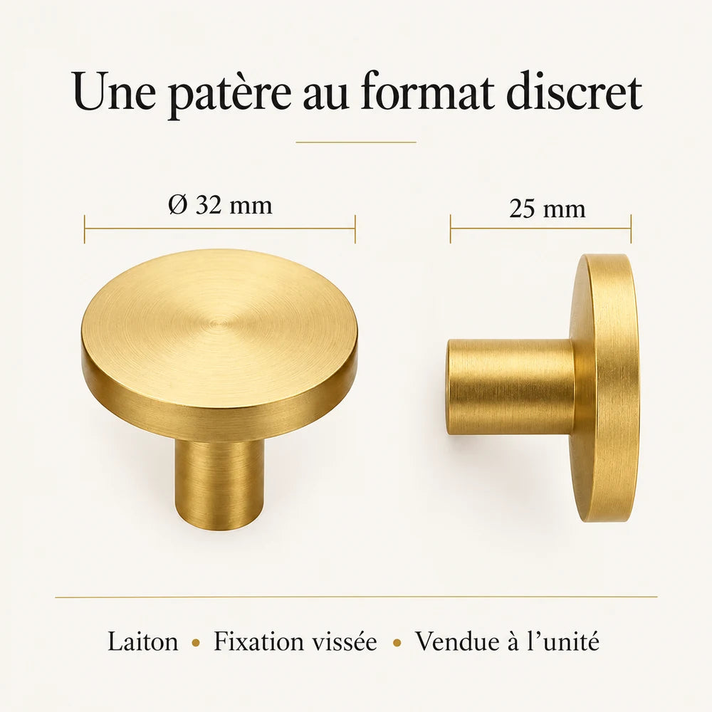 Patère laiton doré brossé ronde 32 mm : infographie des dimensions et de la fixation