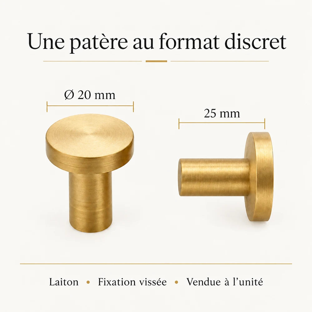 Patère laiton doré brossé ronde 20 mm : infographie des dimensions et de la fixation