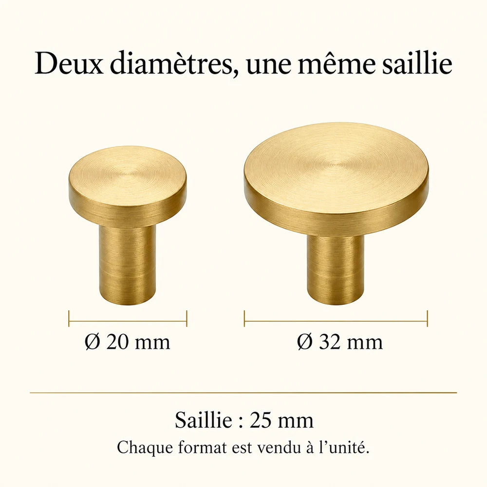 Patère laiton doré brossé ronde 20 mm : comparaison des diamètres 20 et 32 mm