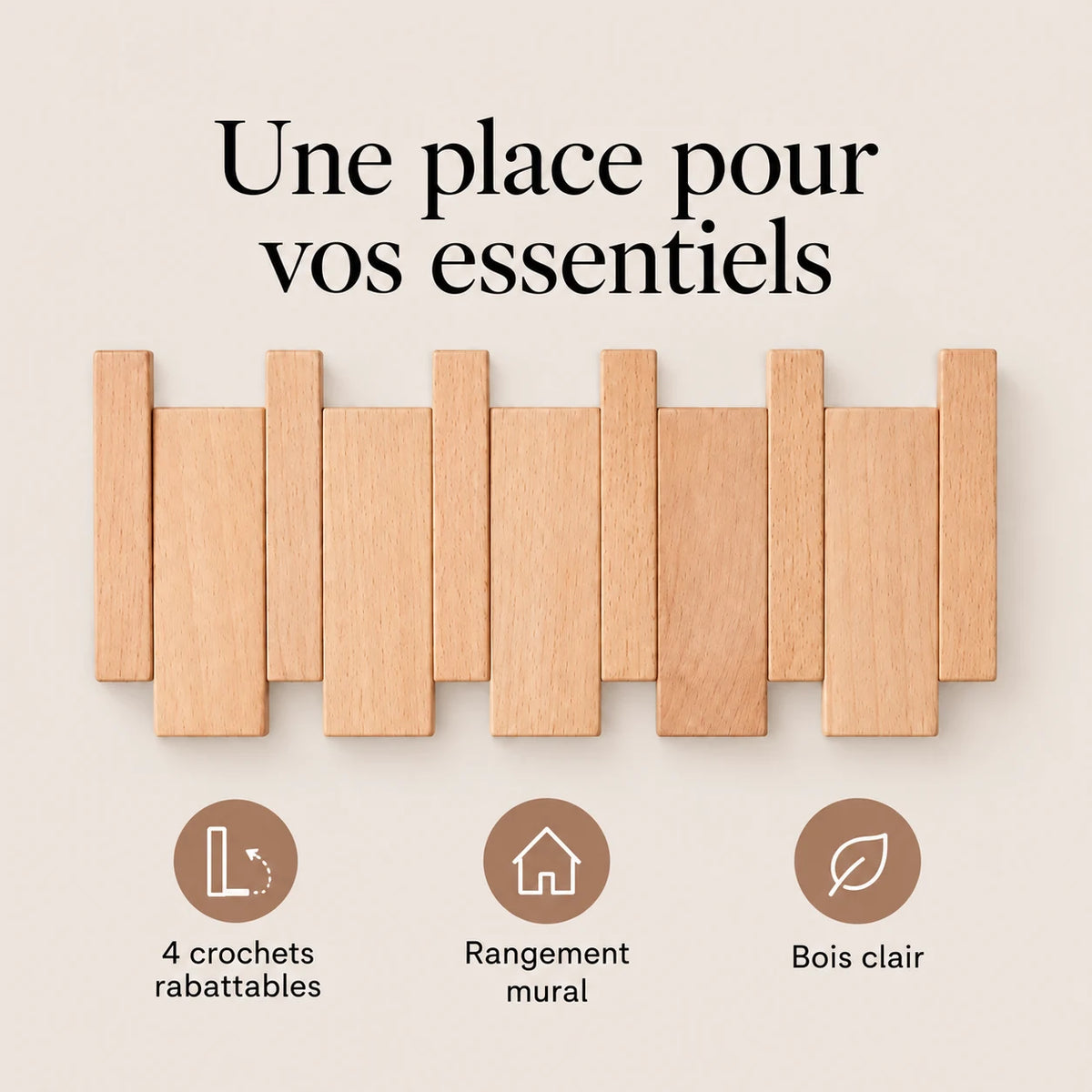 Patère hêtre naturel clair à 4 crochets rabattables pour organiser les accessoires.