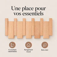 Patère hêtre naturel clair à 4 crochets rabattables pour organiser les accessoires.