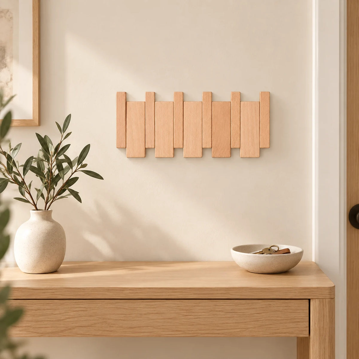 Patère murale en hêtre naturel à 4 crochets fermés au-dessus d’une console d’entrée.