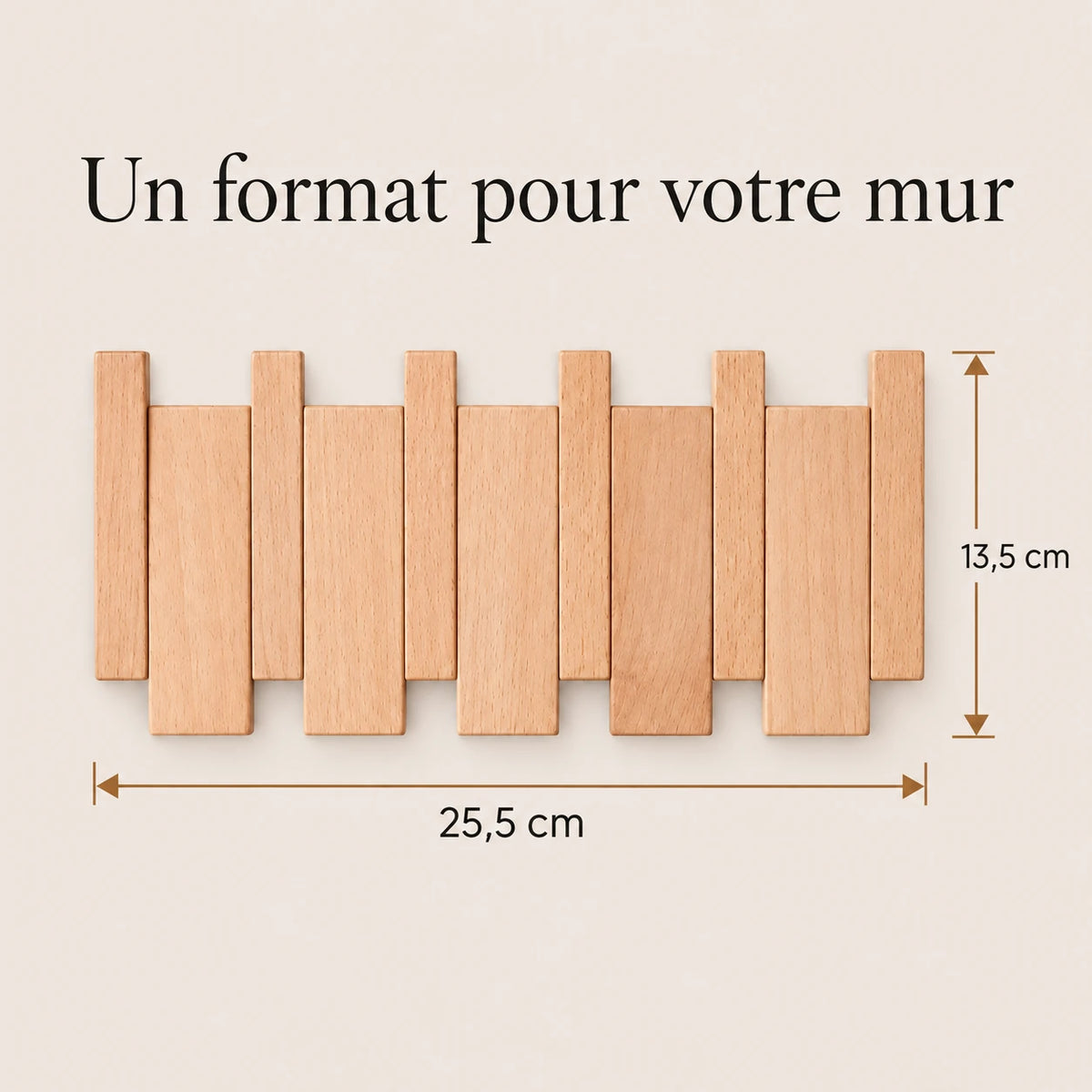 Dimensions de la patère hêtre naturel clair 4 crochets : 25,5 × 13,5 cm.