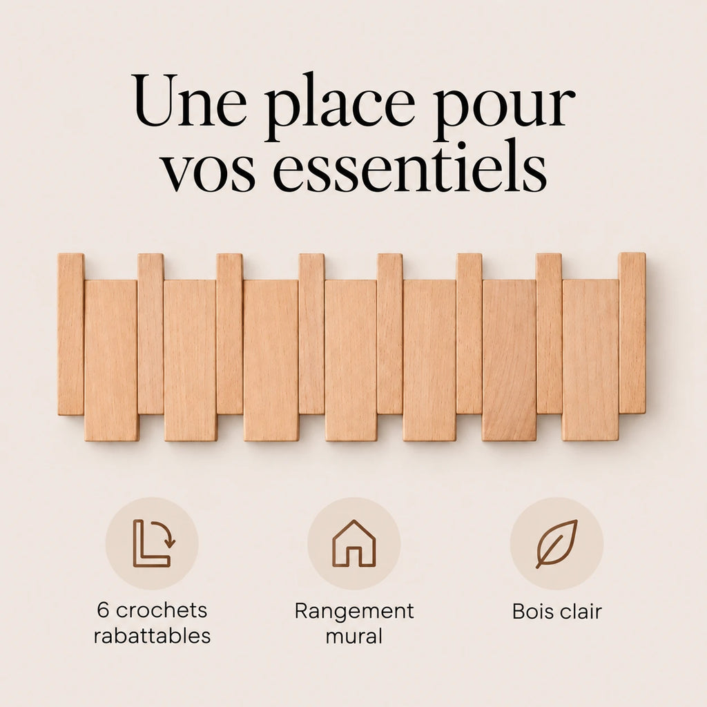 Patère hêtre naturel clair à 6 crochets rabattables pour organiser les accessoires.
