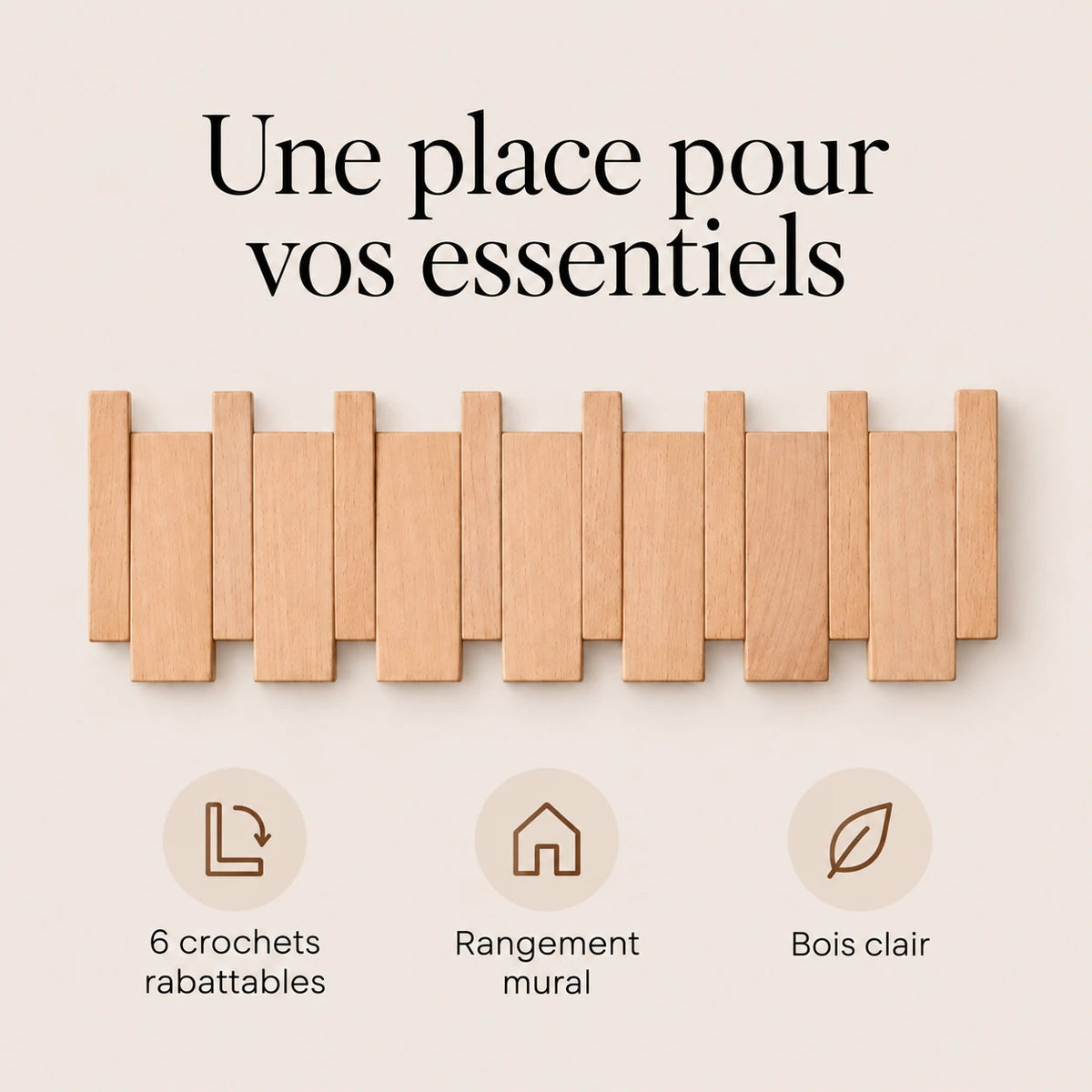 Patère hêtre naturel clair à 6 crochets rabattables pour organiser les accessoires.