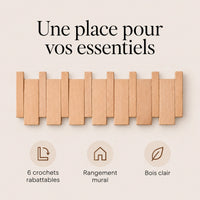 Patère hêtre naturel clair à 6 crochets rabattables pour organiser les accessoires.