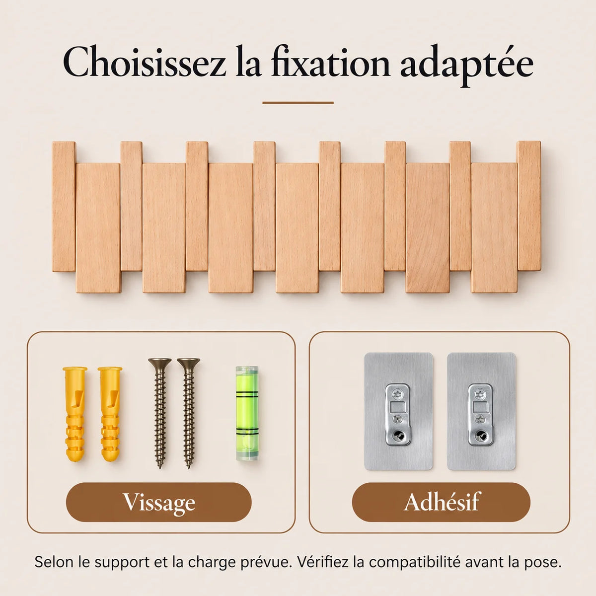 Fixation de la patère hêtre naturel clair 6 crochets : vissage ou adhésif selon le support.