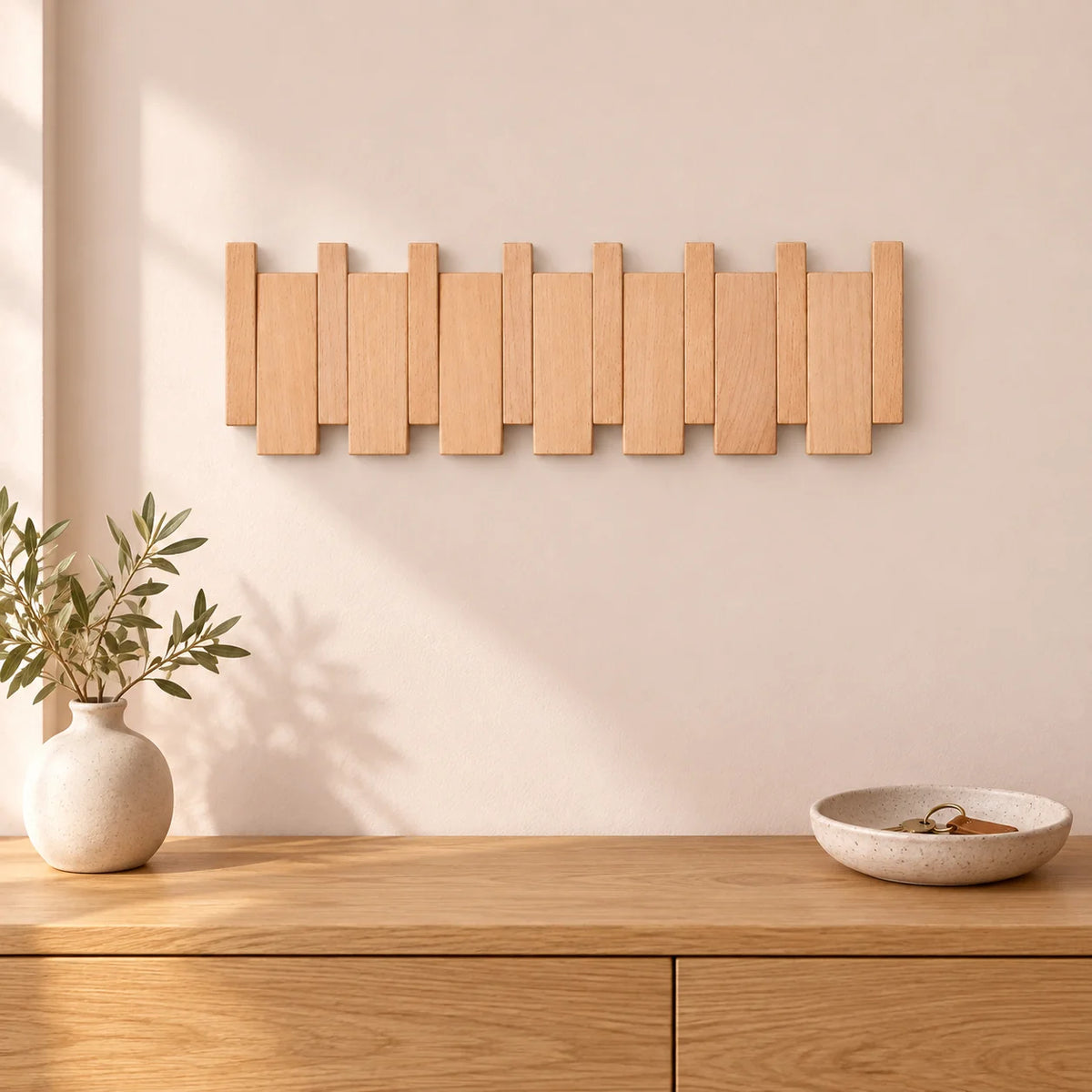 Patère murale en hêtre naturel à 6 crochets fermés au-dessus d’une console d’entrée. Image